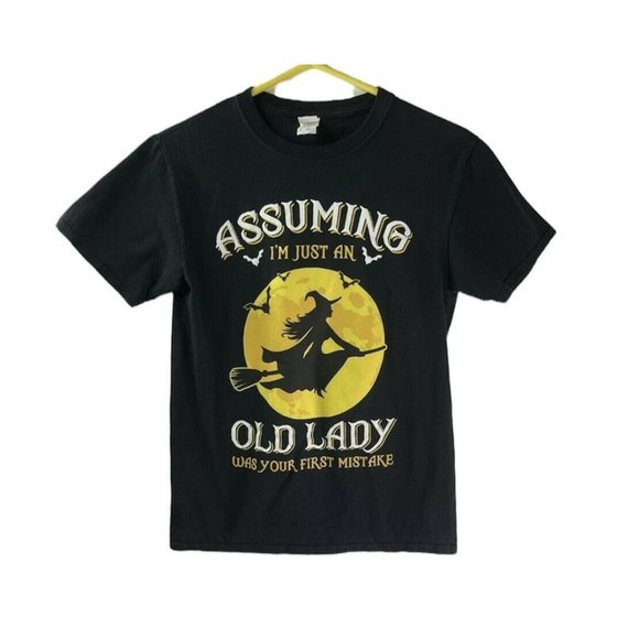 Halloween T Shirt Old Lady Witch Humor Adult Unisex Small Black and Yellow - Picture 1 of 3